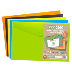 Pack 5 A4+ 50% Recycled Colour Press Stud Wallets