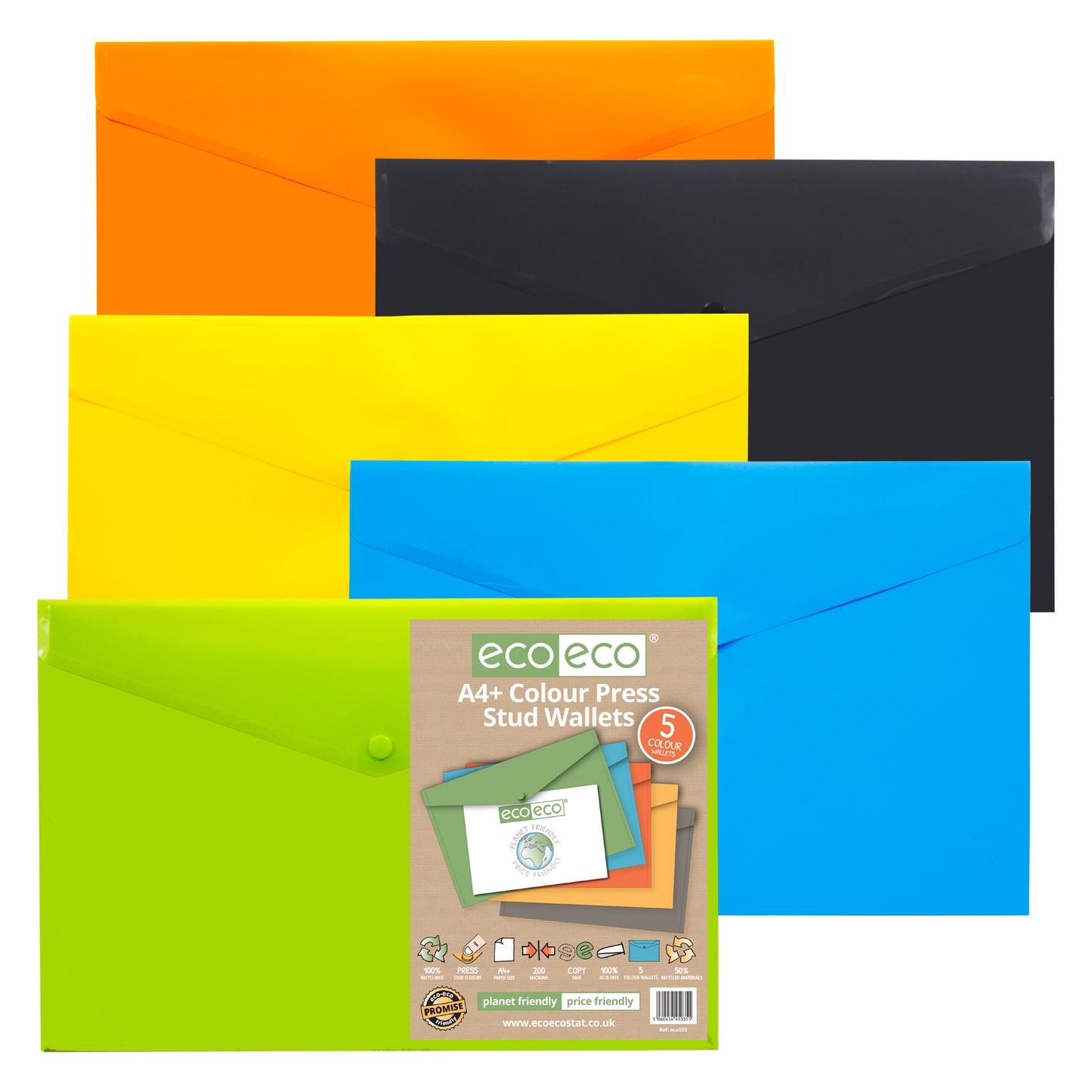Pack 5 A4+ 50% Recycled Colour Press Stud Wallets