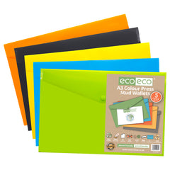 Pack 5 A3 50% Recycled Colour Press Stud Wallets