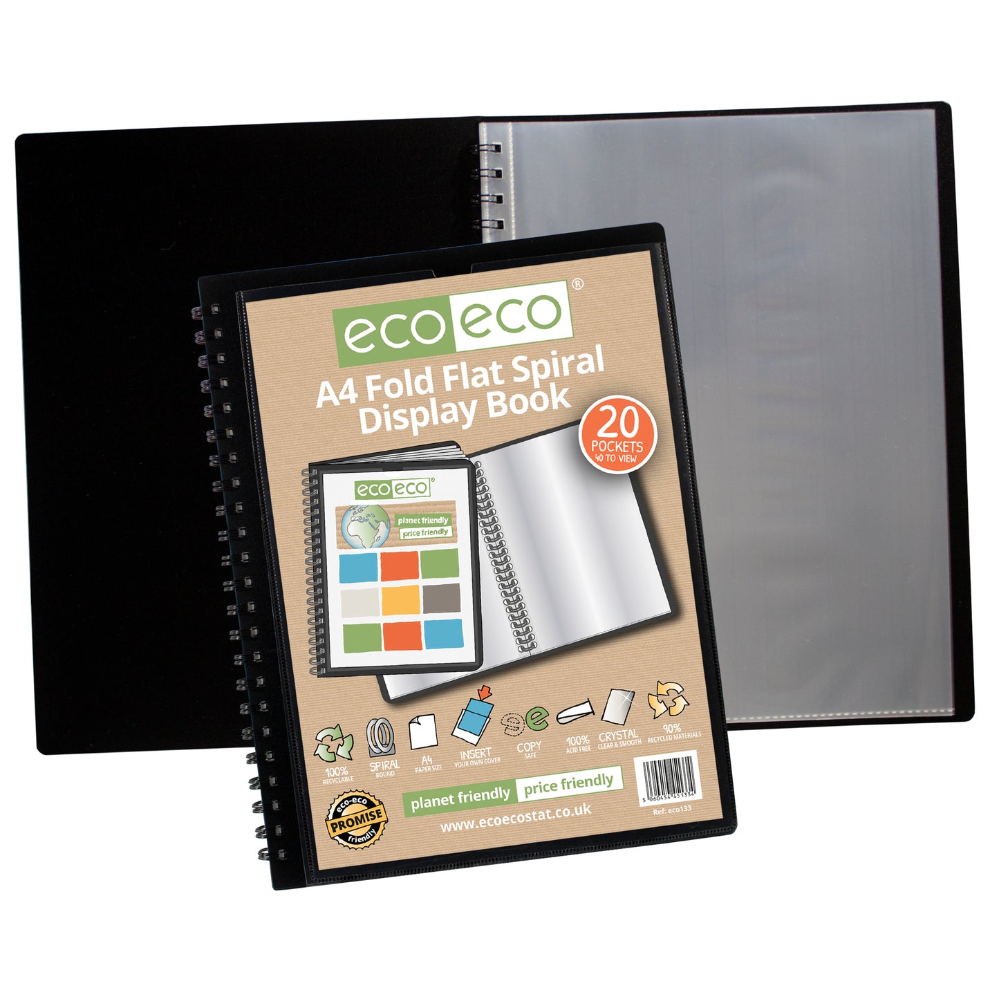 A4 90% Recycled 20 Pocket Fold Flat Spiral Display Book