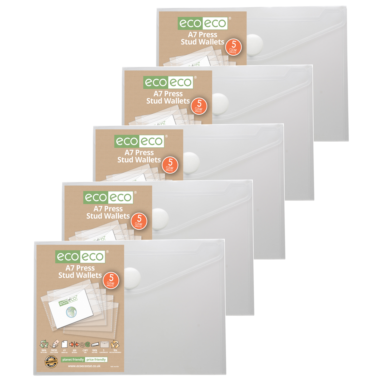 Pack 5 A7 50% Recycled Clear Press Stud Wallets