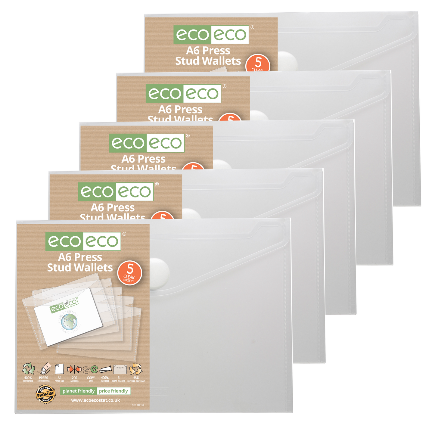 Pack 5 A6 50% Recycled Clear Press Stud Wallets
