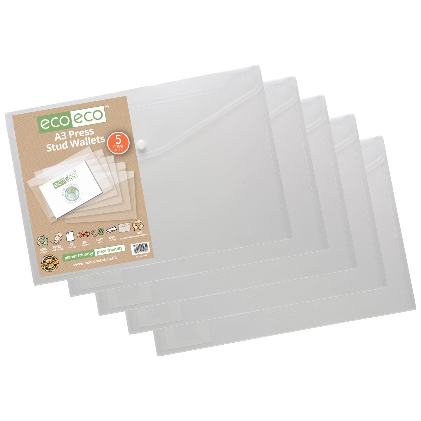 Pack 5 A3 95% Recycled Press Stud Wallets