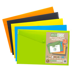 Pack 5 A4+ 50% Recycled Colour Press Stud Wallets