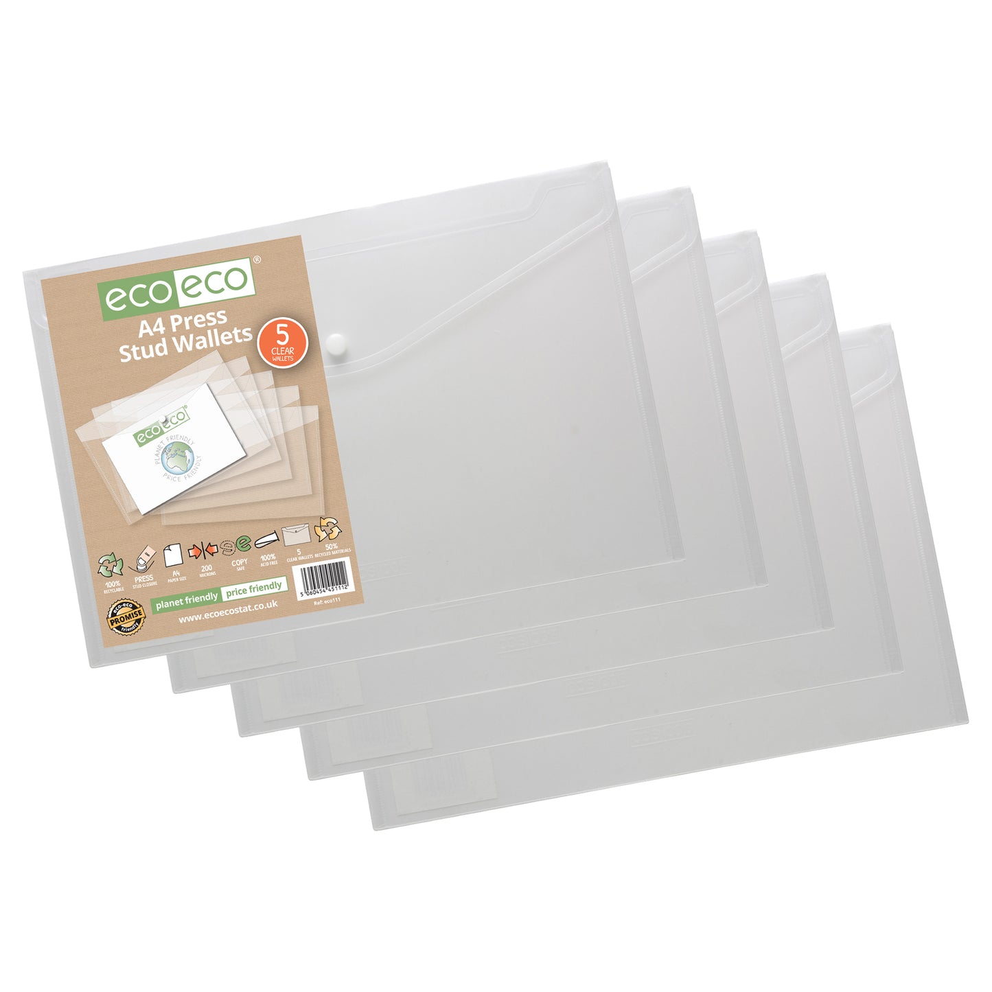 Pack 5 A4 50% Recycled Press Stud Wallets
