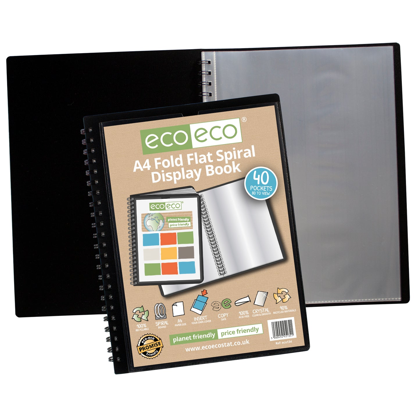 A4 90% Recycled 40 Pocket Fold Flat Spiral Display Book