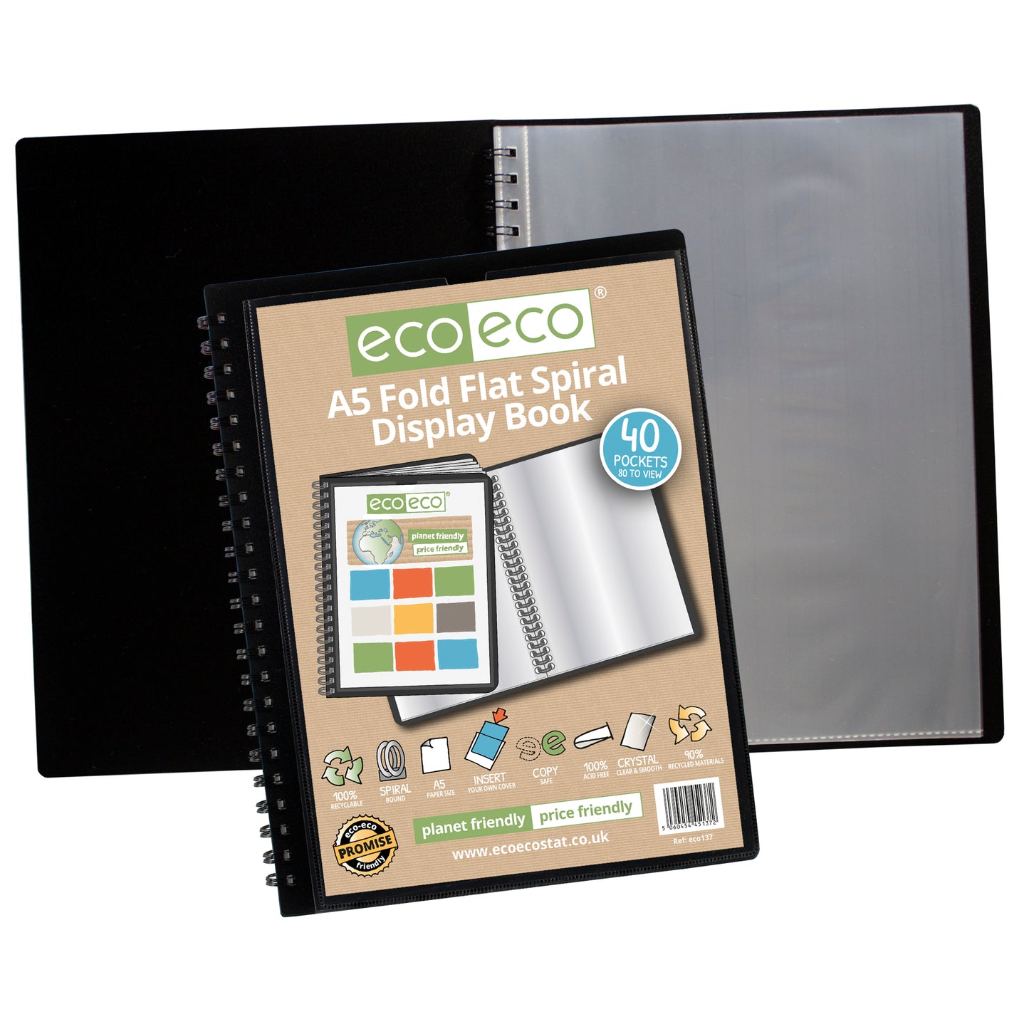 A5 90% Recycled 40 Pocket Fold Flat Spiral Display Book
