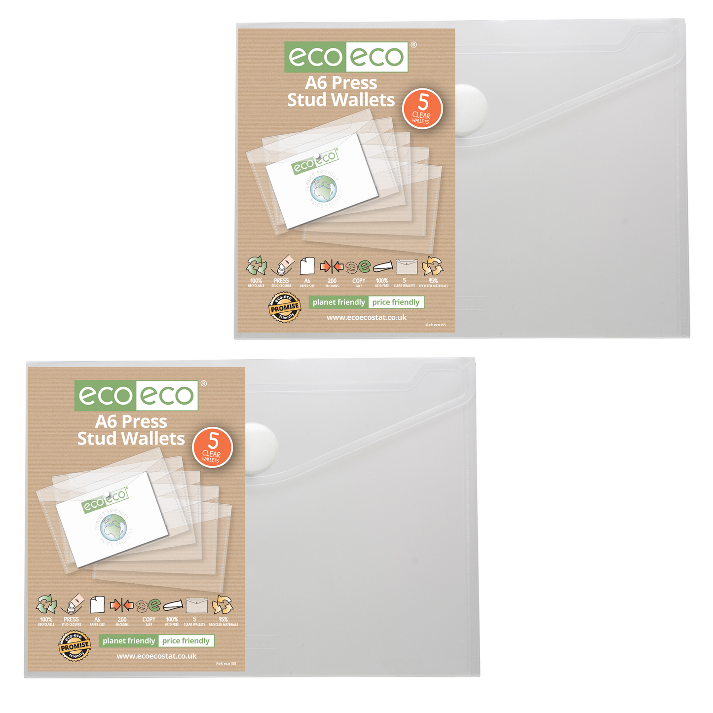 Pack 5 A6 50% Recycled Clear Press Stud Wallets