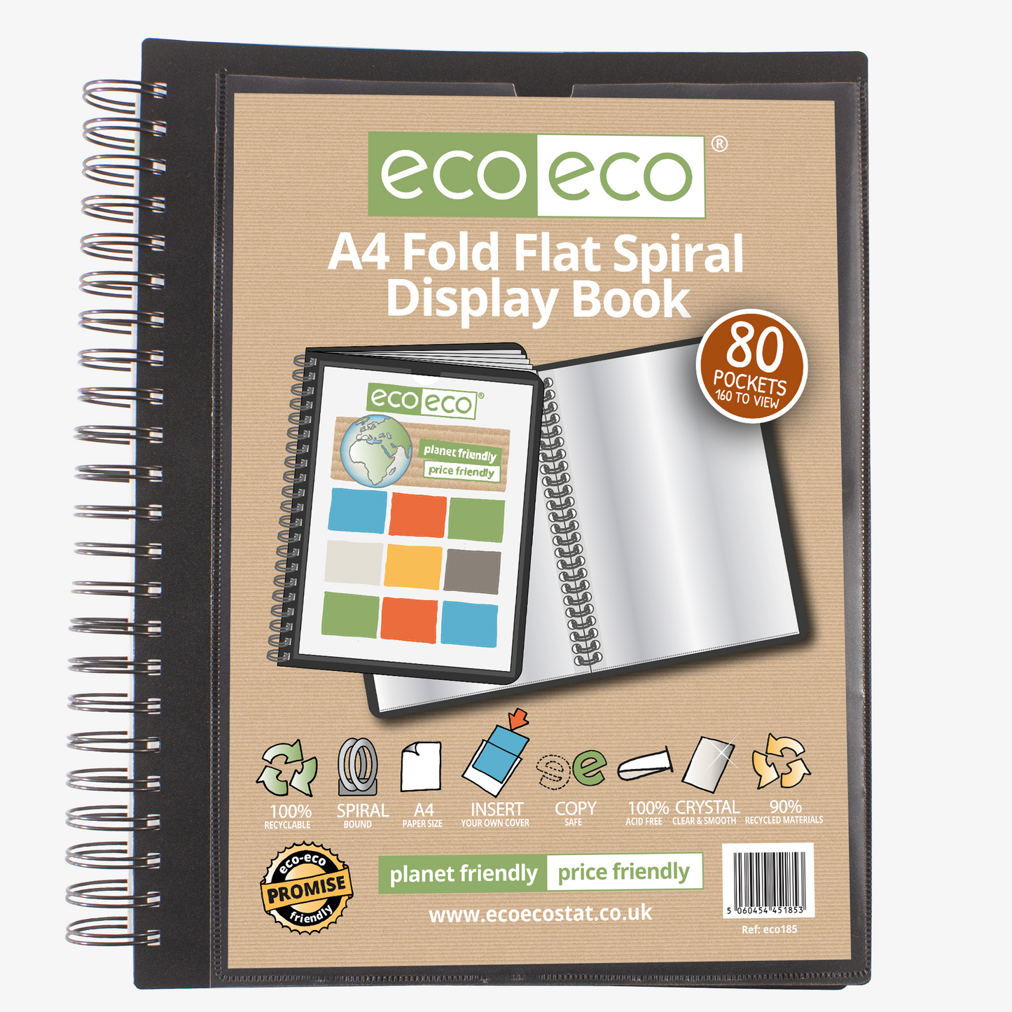 A4 90% Recycled 80 Pocket Fold Flat Spiral Display Book