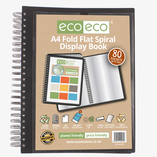 A4 90% Recycled 80 Pocket Fold Flat Spiral Display Book
