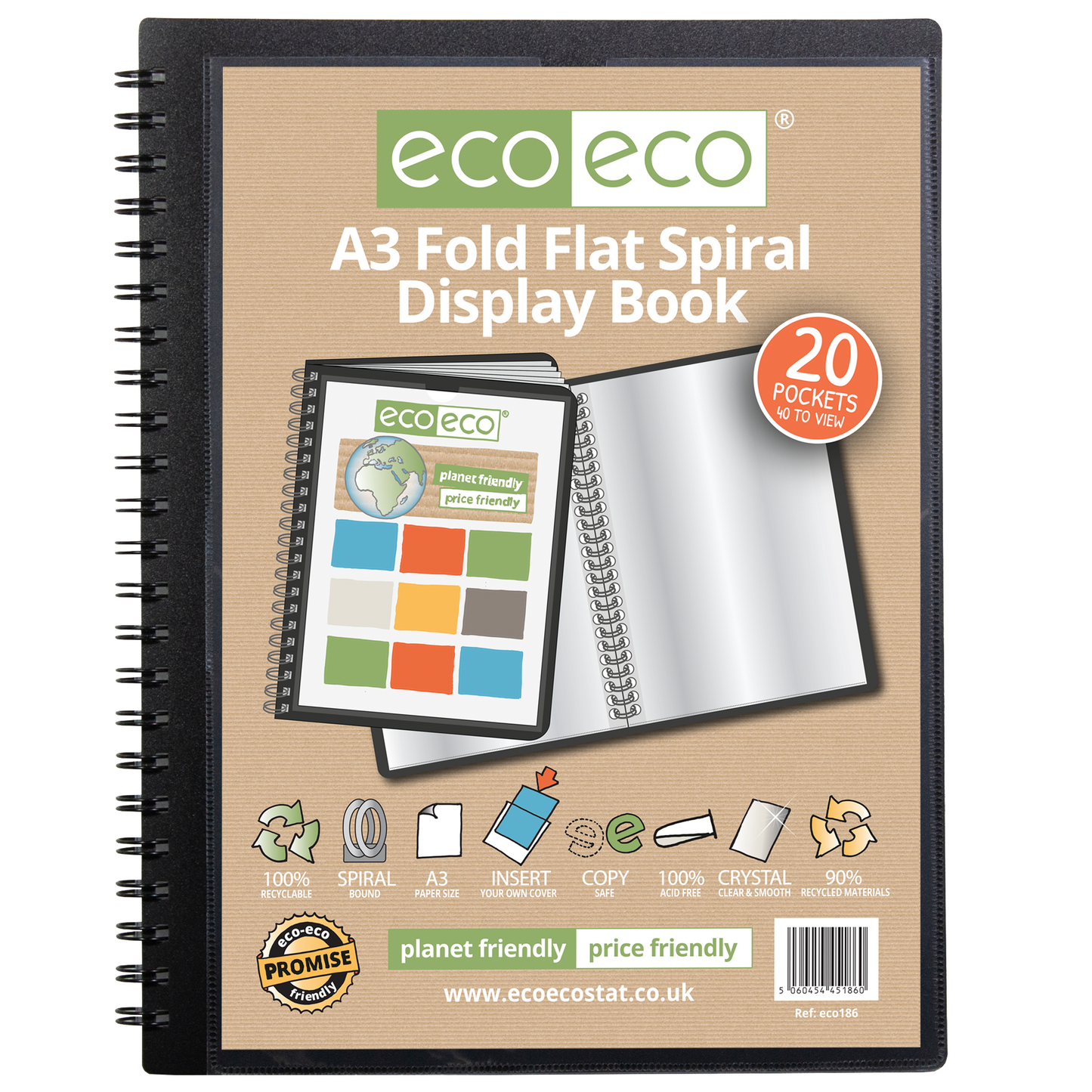 A3 90% Recycled 20 Pocket Fold Flat Spiral Display Book