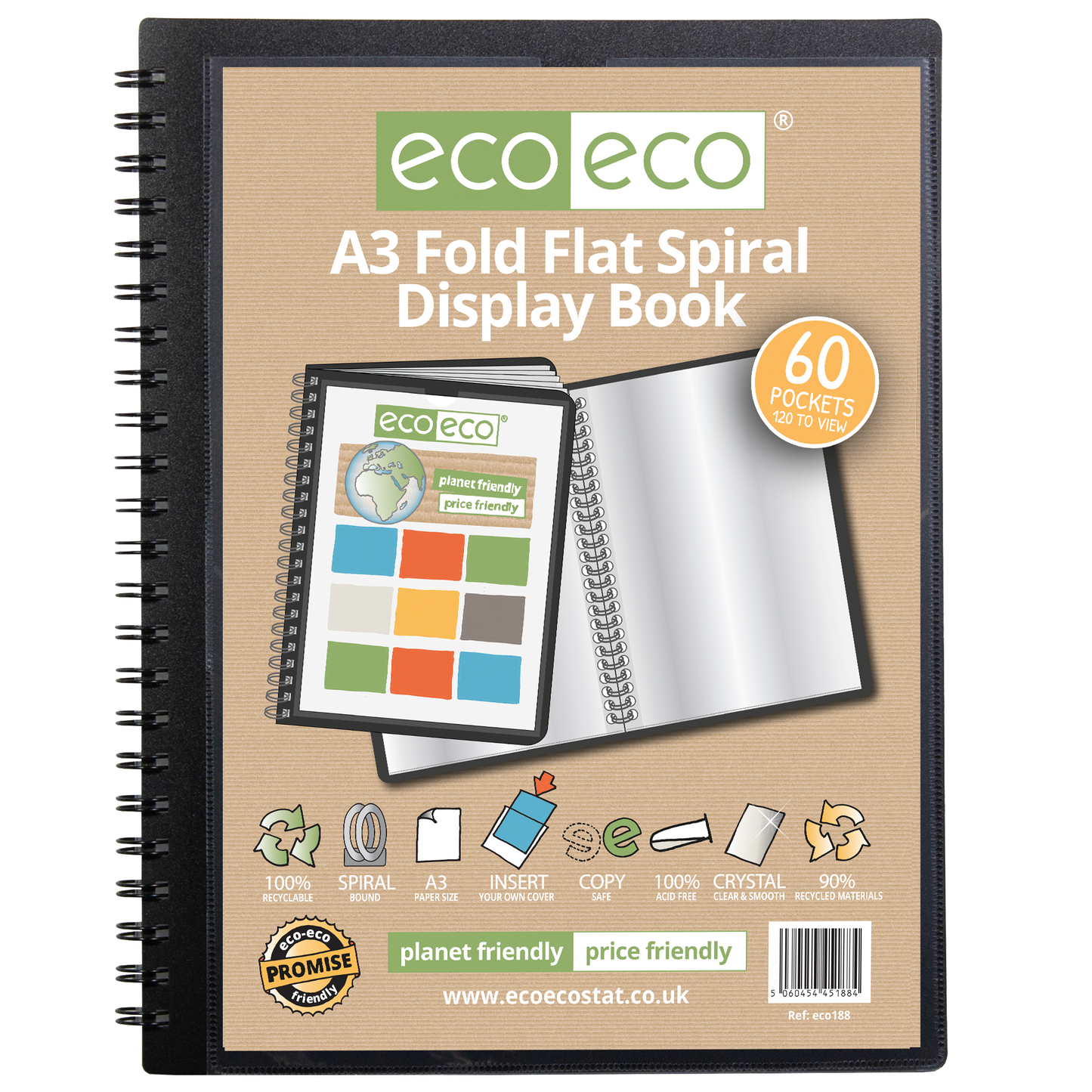 A3 90% Recycled 60 Pocket Fold Flat Spiral Display Book