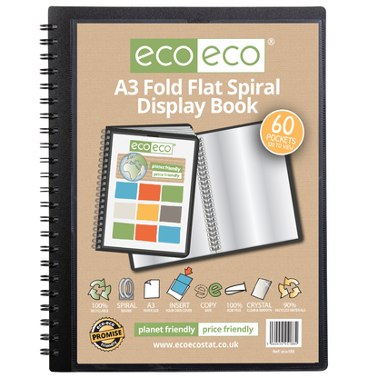 A3 90% Recycled 60 Pocket Fold Flat Spiral Display Book
