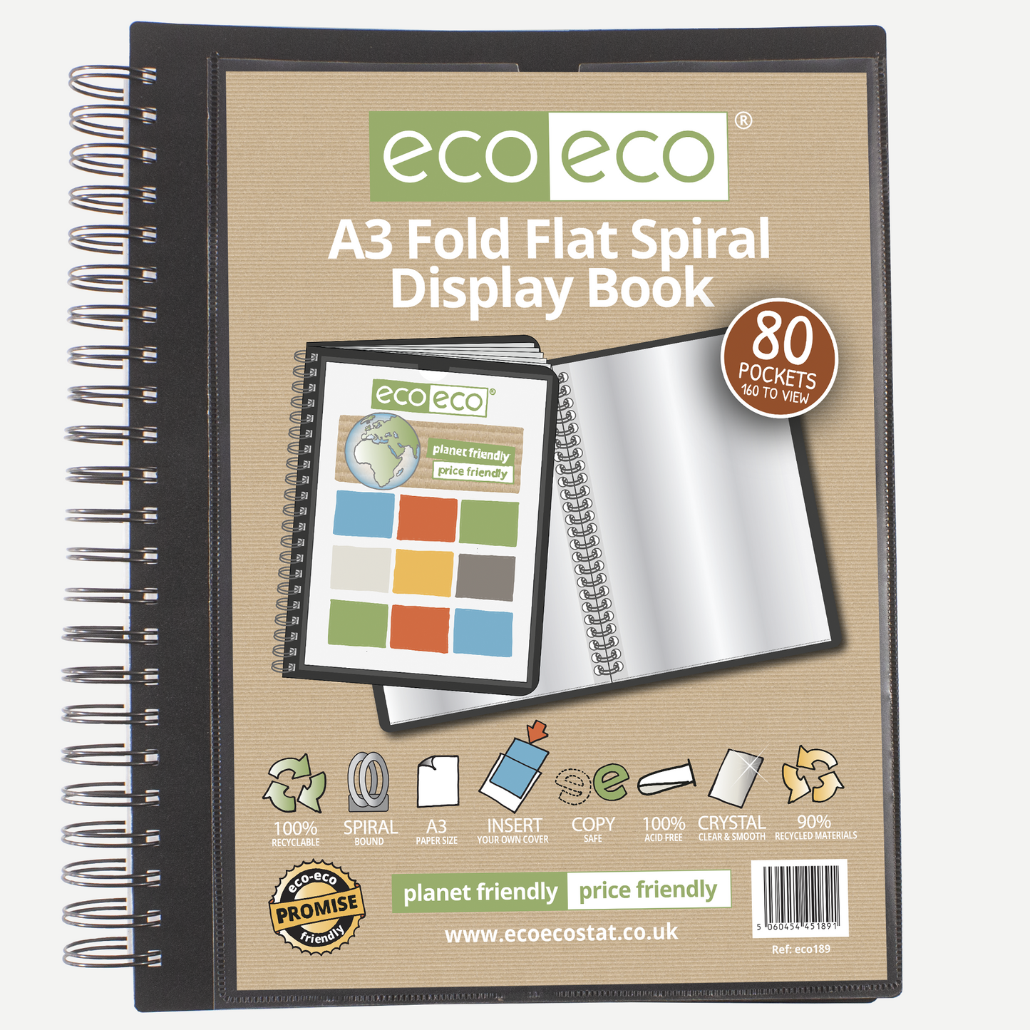 A3 90% Recycled 80 Pocket Fold Flat Spiral Display Book