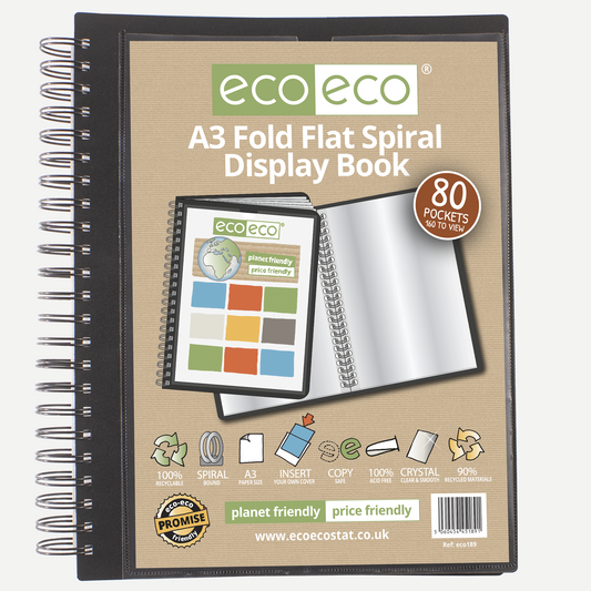 A3 90% Recycled 80 Pocket Fold Flat Spiral Display Book