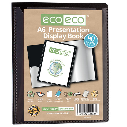 A6 50% Recycled Black 40 Pocket Presentation Display Book