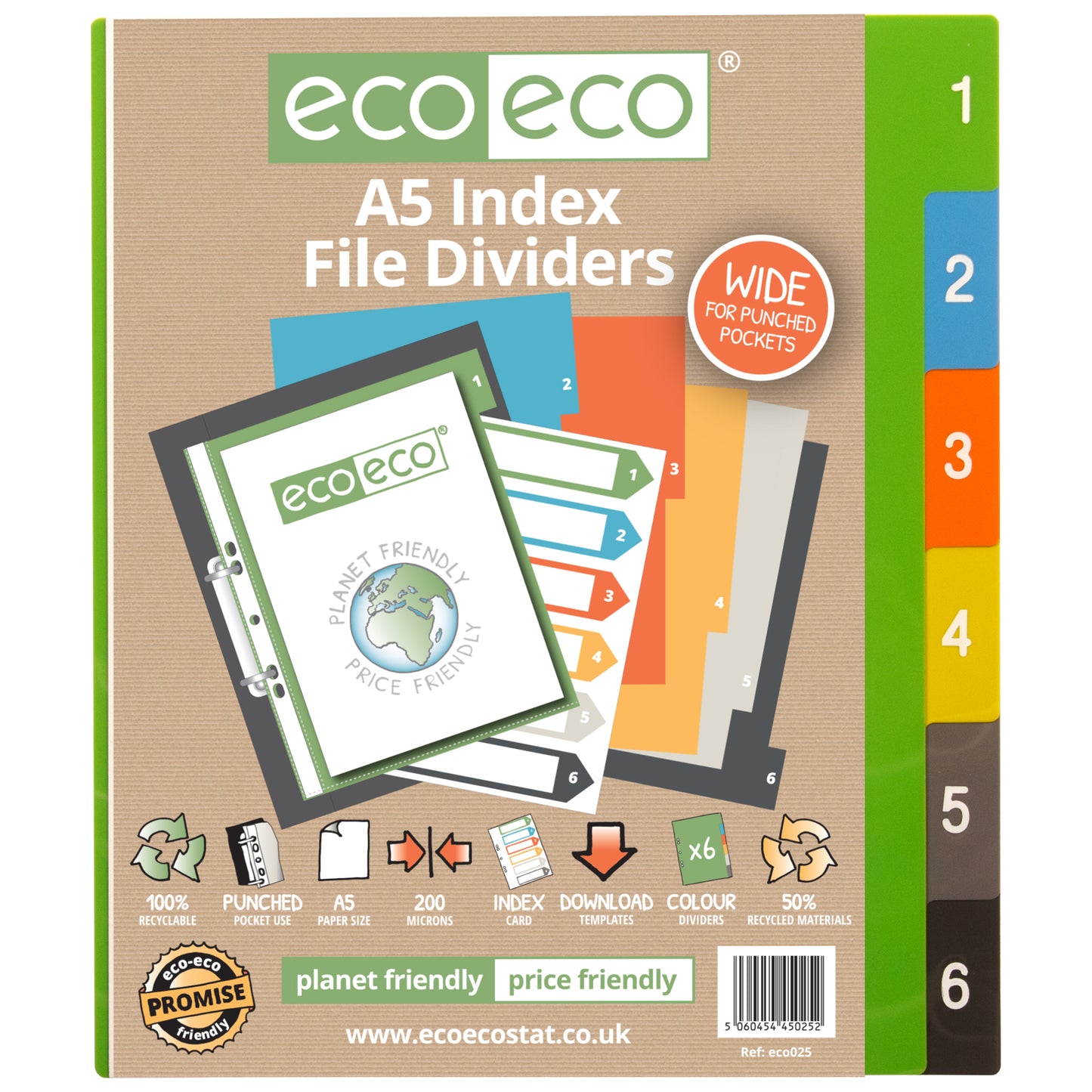 A5 50% Recycled Set 6 Wide Index File Dividers