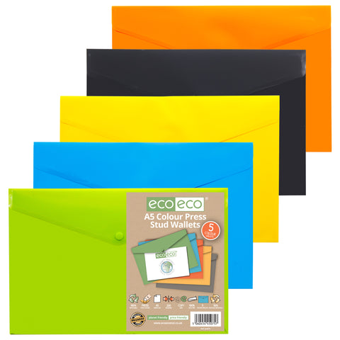 Pack 5 A5 50% Recycled Colour Press Stud Wallets
